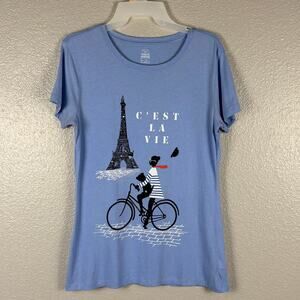 Gap Women's Size Medium Blue Paris C'est La Vie Eiffel Tower Short Sleeve Shirt